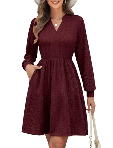 PASUDA Strickkleid Damen Langarm Pulloverkleid Elegant Kleid Herbst Winter Frühling V-Ausschnitt Herbstkleid Winterkleid Casual Knielang Kurzkleid Bequem A Linien mit Taschen (Burgunderrot, XXL) von PASUDA