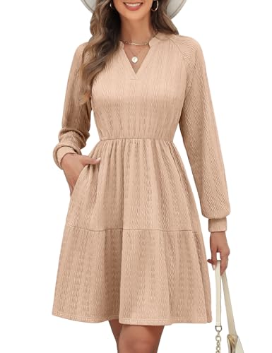 PASUDA Strickkleid Damen Langarm Pulloverkleid Elegant Kleid Herbst Winter Frühling V-Ausschnitt Herbstkleid Winterkleid Casual Knielang Kurzkleid Bequem A Linien mit Taschen (Khaki, M) von PASUDA