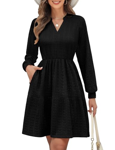 PASUDA Strickkleid Damen Langarm Pulloverkleid Elegant Kleid Herbst Winter Frühling V-Ausschnitt Herbstkleid Winterkleid Casual Knielang Kurzkleid Bequem A Linien mit Taschen (Schwarz, M) von PASUDA
