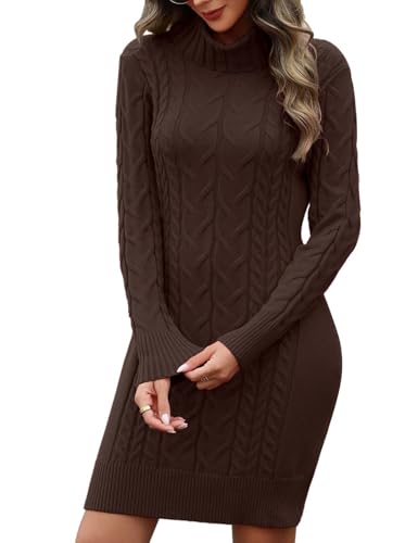 PASUDA Strickkleid Damen Winter Kleider Rollkragen Pulloverkleid Langarm Elegant Pullover Winterkleid Minikleid Strickpullover Kleid Pullikleid Winterkleid Stretch Sweater Dress (Braun, L) von PASUDA
