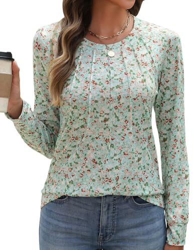 PASUDA Tshirt Damen Langarm Oberteile Casual Rundhals Langarmshirt Baumwolle Lockere T-Shirt Herbst Elegant Falten Geblümt Bluse Tunika Tops(Grüne Blüten,XXL) von PASUDA