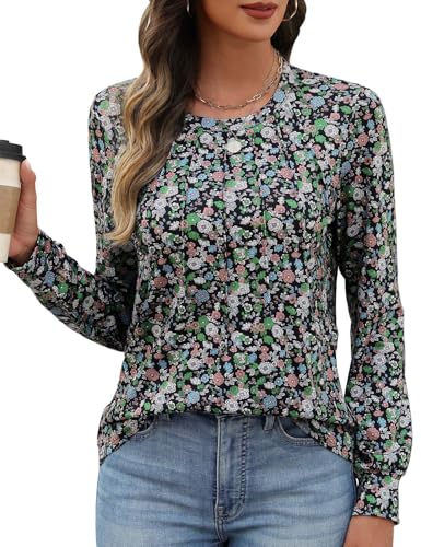 PASUDA Tshirt Damen Langarm Oberteile Casual Rundhals Langarmshirt Baumwolle Lockere T-Shirt Herbst Elegant Falten Geblümt Bluse Tunika Tops(Militärgrüne Blüten,L) von PASUDA