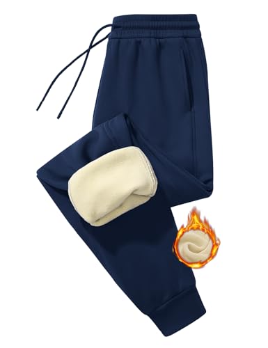 PASUDA Warme Jogginghose Damen Fleece Gefütterte Sporthose Thermohose mit 2 Taschen Winter Fleecehose High Waist Sportleggins Lange Verdickte Trainingshose Freizeithose Sweatpants (Marineblau, M) von PASUDA