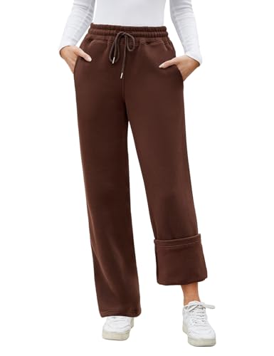 PASUDA Warme Jogginghose Damen Winter Thermo Fleece Gefüttert Freizeithose Lang Sporthose Trainingshose High Waist Gerade Sweatpants Damen Thermohose mit 2 Taschen, Kordelzug (Braun, M) von PASUDA