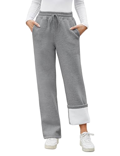 PASUDA Warme Jogginghose Damen Winter Thermo Fleece Gefüttert Freizeithose Lang Sporthose Trainingshose High Waist Gerade Sweatpants Damen Thermohose mit 2 Taschen, Kordelzug (Dunkelgrau, S) von PASUDA