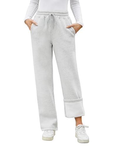 PASUDA Warme Jogginghose Damen Winter Thermo Fleece Gefüttert Freizeithose Lang Sporthose Trainingshose High Waist Gerade Sweatpants Damen Thermohose mit 2 Taschen, Kordelzug (Hellgrau, M) von PASUDA