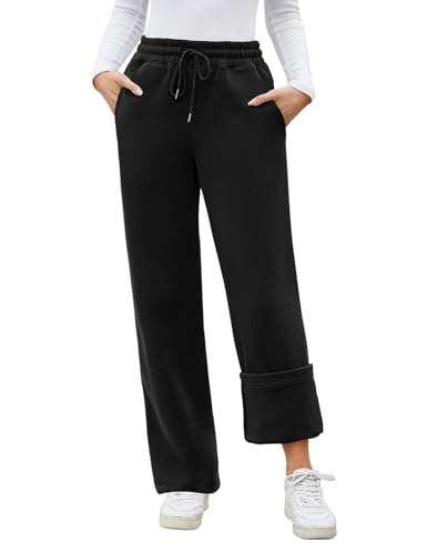 PASUDA Warme Jogginghose Damen Winter Thermo Fleece Gefüttert Freizeithose Lang Sporthose Trainingshose High Waist Gerade Sweatpants Damen Thermohose mit 2 Taschen, Kordelzug (Schwarz, M) von PASUDA