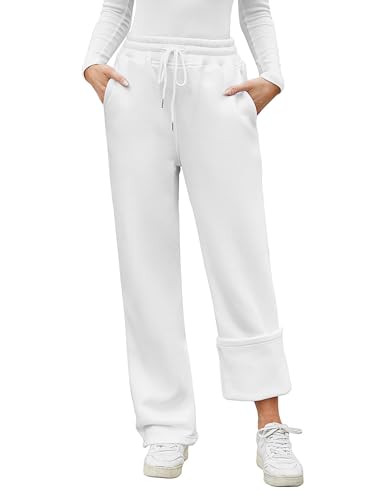 PASUDA Warme Jogginghose Damen Winter Thermo Fleece Gefüttert Freizeithose Lang Sporthose Trainingshose High Waist Gerade Sweatpants Damen Thermohose mit 2 Taschen, Kordelzug (Weiß, XL) von PASUDA