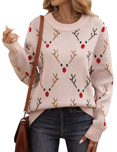PASUDA Weihnachtspullover Damen Lustige Pullover Warm Christmas Strickpullover Winter Rundhals mit Elch Pullis Oberteile Langarm Weihnachtskostüm (Rosa, XL) von PASUDA