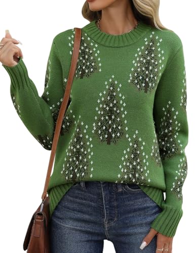 PASUDA Weihnachtspullover Damen Lustige Pullover Warm Christmas Strickpullover Winter Rundhals mit Grün Weihnachtsbaum Pullis Oberteile Langarm Weihnachtskostüm (Grün, XL) von PASUDA