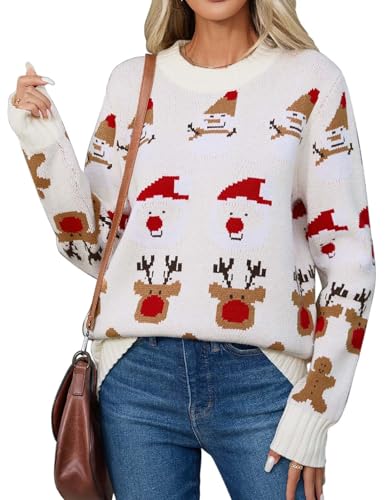 PASUDA Weihnachtspullover Damen Lustige Pullover Warm Christmas Strickpullover Winter Rundhals mit Schneemann Elch Pullis Oberteile Langarm Weihnachtskostüm (Weiß, XXL) von PASUDA