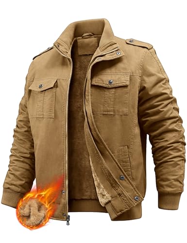 PASUDA Winterjacke Herren Fleecejacke Warme Jacke Winter Fleece Gefütterte Thermojacke Übergangsjacke Stehkragen Cargojacke Militär Feldjacke Baumwolle Casual Outdoorjacke mit Taschen (Khaki, XXL) von PASUDA