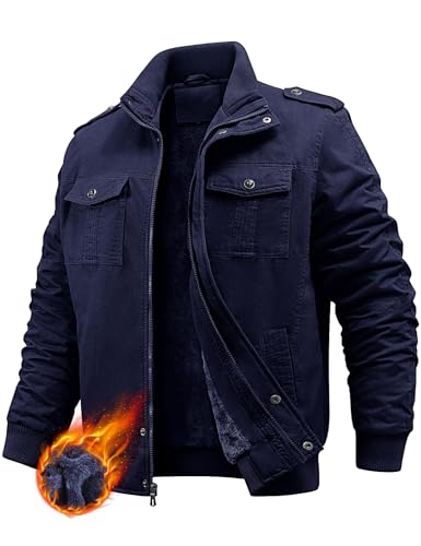 PASUDA Winterjacke Herren Fleecejacke Warme Jacke Winter Fleece Gefütterte Thermojacke Übergangsjacke Stehkragen Cargojacke Militär Feldjacke Baumwolle Casual Outdoorjacke mit Taschen (Marine, L) von PASUDA