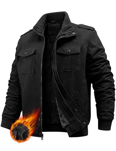 PASUDA Winterjacke Herren Fleecejacke Warme Jacke Winter Fleece Gefütterte Thermojacke Übergangsjacke Stehkragen Cargojacke Militär Feldjacke Baumwolle Casual Outdoorjacke mit Taschen (Schwarz, L) von PASUDA
