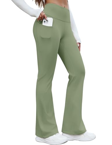 PASUDA Yogahose Damen Thermo Flare Leggings Winter Fleece Gefütterte Jogginghose Freizeithose Lang Hohe Taille Schlaghose Sportleggins Stretch Laufhose Bootcut Fitness Trainingshose(Grün,S) von PASUDA