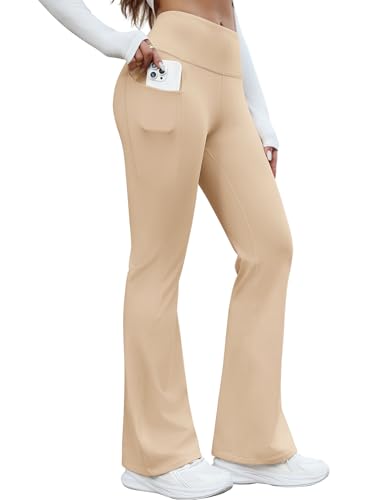 PASUDA Yogahose Damen Thermo Flare Leggings Winter Fleece Gefütterte Jogginghose Freizeithose Lang Hohe Taille Schlaghose Sportleggins Stretch Laufhose Bootcut Fitness Trainingshose(Khaki,XXL) von PASUDA