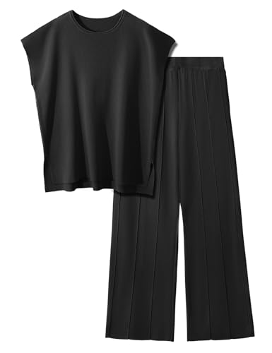 PASUDA Zweiteiler Damen Elegant Pullover Sets Hausanzug Strickpullover Tops Elastische Taille Weites Hose Lounge Sets Rundhalsausschnitt Outfit Freizeitanzug Trainingsanzug (Schwarz, M) von PASUDA