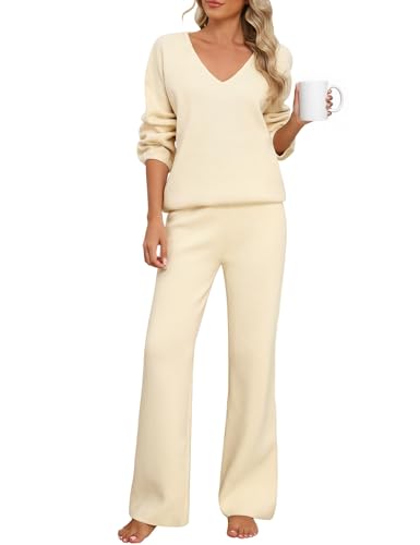 PASUDA Zweiteiler Damen Elegant Tracksuit Hausanzug Kuschelig Langarm Lässiger Trainingsanzug Loungewear Set Gerippt V-Ausschnitt 2-Teiliges Freizeitanzug mit Strickpullover Lange Hose (Beige, M) von PASUDA