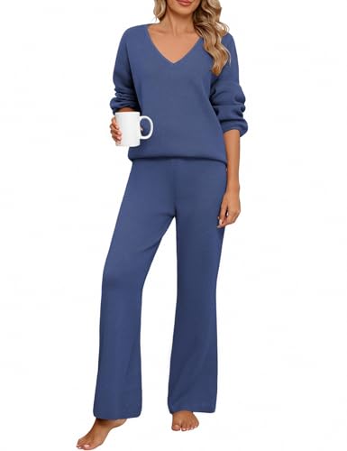 PASUDA Zweiteiler Damen Elegant Tracksuit Hausanzug Kuschelig Langarm Lässiger Trainingsanzug Loungewear Set Gerippt V-Ausschnitt 2-Teiliges Freizeitanzug mit Strickpullover Lange Hose (Blau, L) von PASUDA