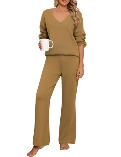 PASUDA Zweiteiler Damen Elegant Tracksuit Hausanzug Kuschelig Langarm Lässiger Trainingsanzug Loungewear Set Gerippt V-Ausschnitt 2-Teiliges Freizeitanzug mit Strickpullover Lange Hose (Khaki, M) von PASUDA
