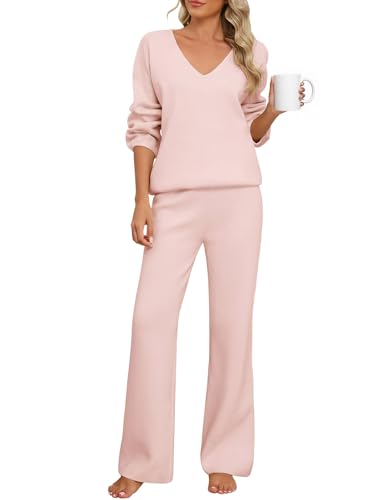 PASUDA Zweiteiler Damen Elegant Tracksuit Hausanzug Kuschelig Langarm Lässiger Trainingsanzug Loungewear Set Gerippt V-Ausschnitt 2-Teiliges Freizeitanzug mit Strickpullover Lange Hose (Rosa, XL) von PASUDA