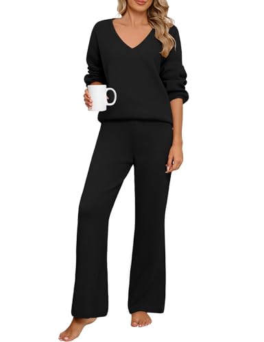 PASUDA Zweiteiler Damen Elegant Tracksuit Hausanzug Kuschelig Langarm Lässiger Trainingsanzug Loungewear Set Gerippt V-Ausschnitt 2-Teiliges Freizeitanzug mit Strickpullover Lange Hose (Schwarz, L) von PASUDA