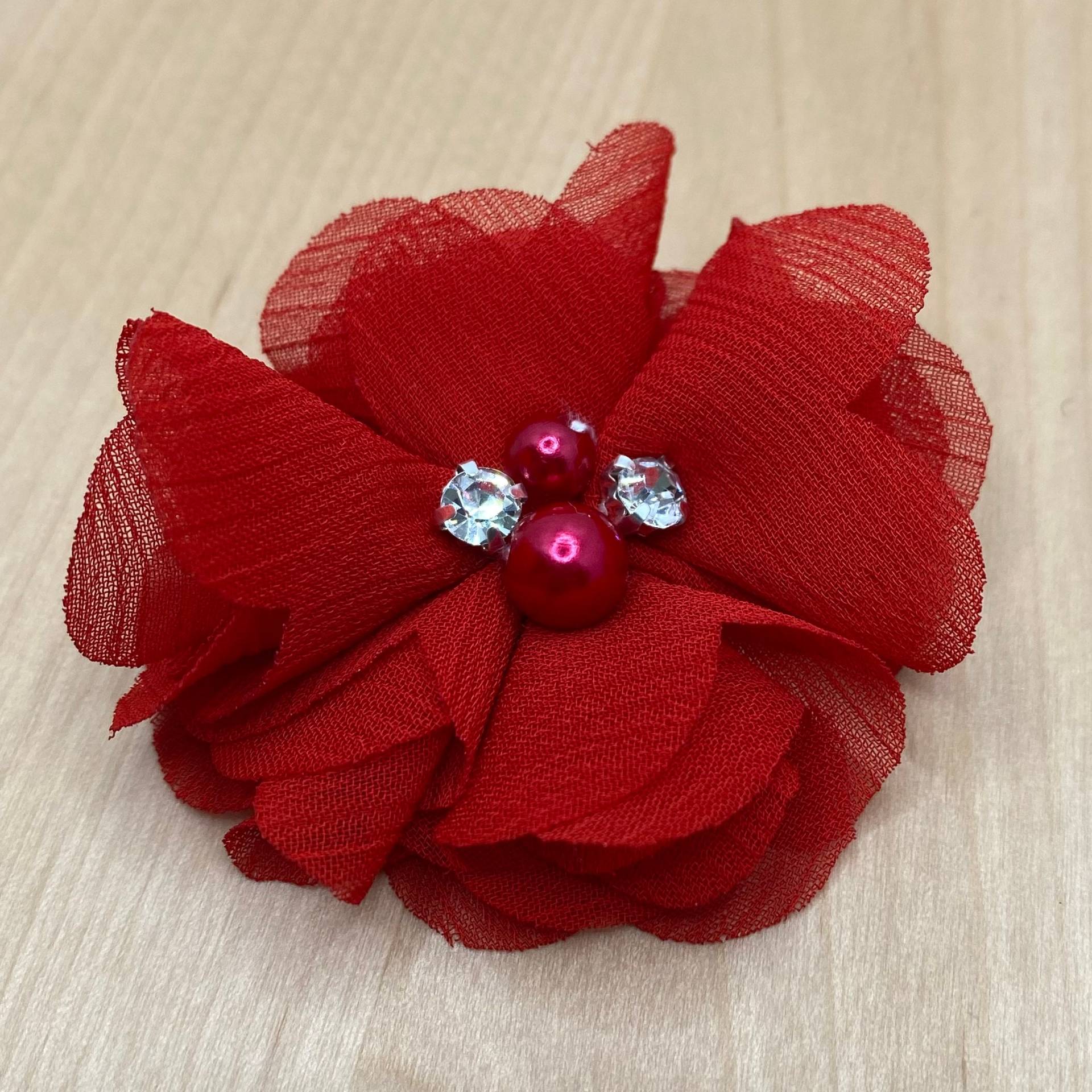 Rote Stoff Blüten Aus Chiffon Mit Perle & Glitzer - Ca. 5 cm Floral Applikation Diy Upcycling Nähen Garten Blumen #4 Fb. 19 von PATCHERIA