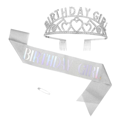 PATIKIL Geburtstagskrone, 63 Zoll Geburtstagsband und Krone Geburtstags-Tiara Haarreif Happy Birthday Queen Band Strass für Frauen Erwachsene Party, Silber von PATIKIL