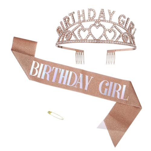 PATIKIL Geburtstagskrone, 63 Zoll Geburtstagsband und Krone Geburtstags-Tiara Haarreif Happy Birthday Queen Band mit Strasssteinen für Frauen Erwachsene Party, Roségold von PATIKIL