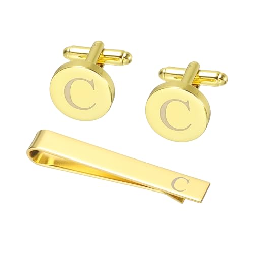 PATIKIL Manschettenknöpfe Herren Initiale Krawattennadel Und Manschettenknopf Set Für Herren Klassische Kupfer Personalisierte Krawattennadel Für Vater Ehemann Sohn Buchstabe C Goldton von PATIKIL