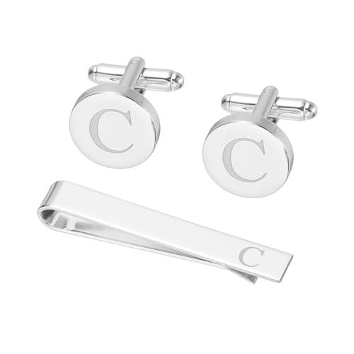PATIKIL Manschettenknöpfe Herren Initialen Krawattenclip Und Manschettenknöpfe Set Für Herren Klassische Kupfer Personalisierte Krawattennadel Für Ehemann Sohn Buchstabe C Silberfarbe von PATIKIL