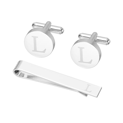 PATIKIL Manschettenknöpfe Herren Initialen Krawattenclip Und Manschettenknöpfe Set Für Herren Klassische Kupfer Personalisierte Krawattennadel Für Ehemann Sohn Buchstabe L Silberfarbe von PATIKIL