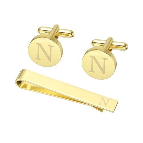PATIKIL Manschettenknöpfe Herren Initialen Krawattenclip Und Manschettenknopf Set Für Männer Klassische Kupfer Personalisierte Krawattennadel Für Vater Ehemann Sohn Buchstabe N Goldton von PATIKIL