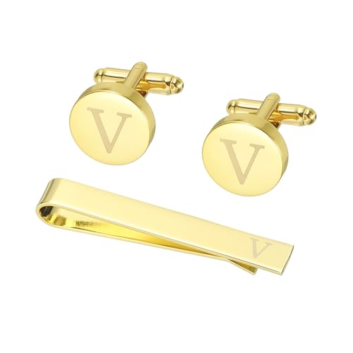 PATIKIL Manschettenknöpfe Herren Initialen Krawattenclip Und Manschettenknopf Set Für Männer Klassische Kupfer Personalisierte Krawattennadel Für Vater Ehemann Sohn Buchstabe V Goldton von PATIKIL