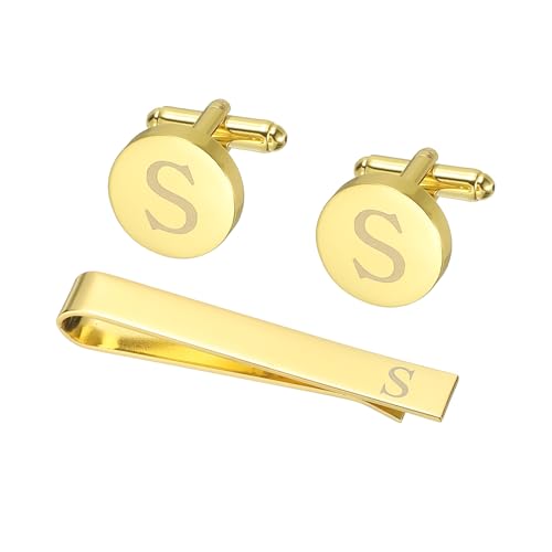 PATIKIL Manschettenknöpfe Herren Initialen Krawattennadel Und Manschettenknopf Set Für Herren Klassische Kupfer Personalisierte Krawattennadel Für Vater Ehemann Sohn Buchstabe S Goldton von PATIKIL