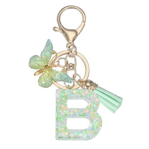 PATIKIL Niedliche Schlüsselanhänger Buchstabe mit Schmetterling & Quaste & Schlüsselringe, Harz Buchstaben Schlüsselanhänger B Schlüssel Anhänger Keychain für Damen damen Geschenke, Grün von PATIKIL