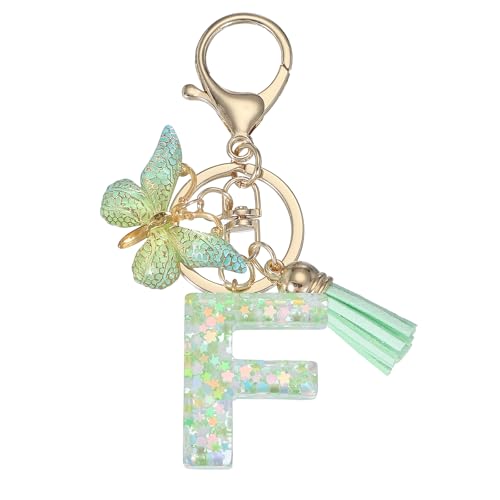PATIKIL Niedliche Schlüsselanhänger Buchstabe mit Schmetterling & Quaste & Schlüsselringe, Harz Buchstaben Schlüsselanhänger F Schlüssel Anhänger Keychain für Damen damen Geschenke, Grün von PATIKIL