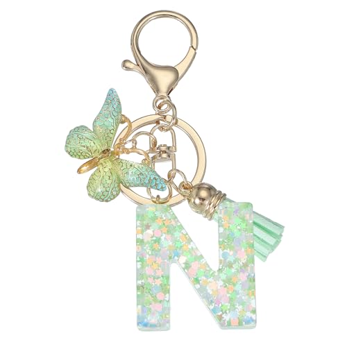 PATIKIL Niedliche Schlüsselanhänger Buchstabe mit Schmetterling & Quaste & Schlüsselringe, Harz Buchstaben Schlüsselanhänger N Schlüssel Anhänger Keychain für Damen damen Geschenke, Grün von PATIKIL