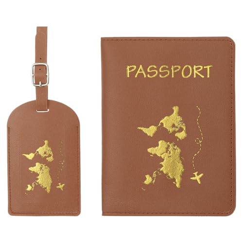 PATIKIL Passport-Cover-Halter und Kofferanhänger-Set, PU-Leder-Passhülle-Halter Reiseanhänger-Koffer-Identifikator-Reisezubehör für Männer Frauen, Braun von PATIKIL