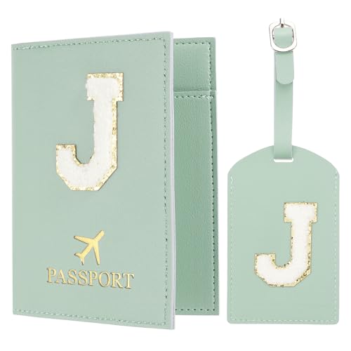 PATIKIL Reisepasshülle und Kofferanhänger Set, Reisepasshülle Passport Hülle für Reisen mit Alphabet Buchstaben Reisebrieftasche Koffer Identifikator für Frauen Grün J von PATIKIL