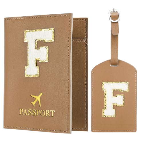 PATIKIL Reisepasshülle und Kofferanhänger Set, Reisepasshülle Passport Hülle für Reisen mit Alphabet Buchstaben Reisebrieftasche Koffer Identifikator für Frauen Braun F von PATIKIL