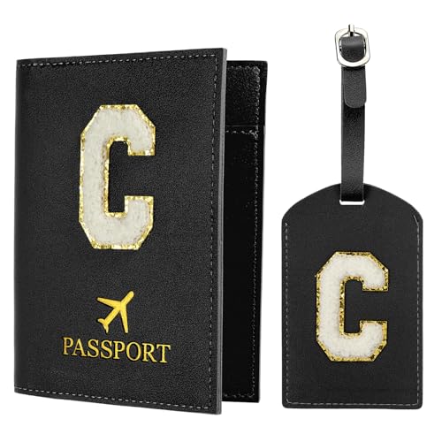PATIKIL Reisepasshülle und Kofferanhänger Set, Reisepasshülle Passport Hülle für Reisen mit Alphabet Buchstaben Reisebrieftasche Koffer Identifikator für Frauen Schwarz C von PATIKIL