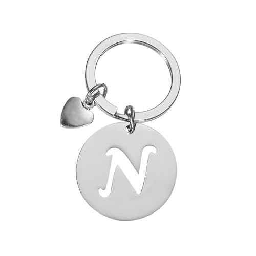 PATIKIL Runde Schlüsselanhänger Buchstabe mit Herz Charm, Edelstahl Hohl Buchstaben Schlüsselanhänger N Initialen Anhänger für Schlüssel Taschen Handtaschen Schulranzen Rucksack, Silber von PATIKIL