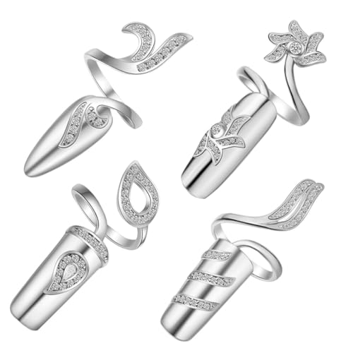 PATKAW Inlay-Kristall-Dekoration Für Fingernägel: 4 Stück Offene Fingernagelringe Für Damen Dekorativ Für Nägel – Ringe Aus Strass-Legierung – Verstellbare Öffnung Zum Schutz Der von PATKAW