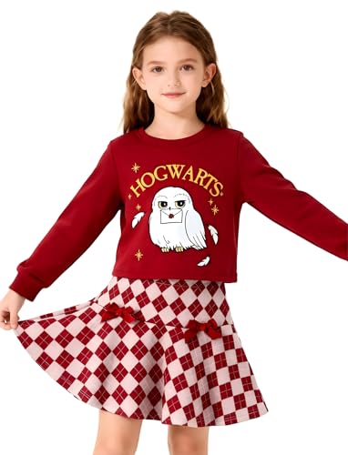 Harry Potter Kleidung Mädchen Bekleidungsset Hogwarts Hedwig Eule Pullover & Karo Rock, Herbst Winter Sweatshirt Langarmshirt Kinder Outfit Gryffindor Geburtstags Weihnachts Geschenk 6-12Jahre 116-152 von PATPAT