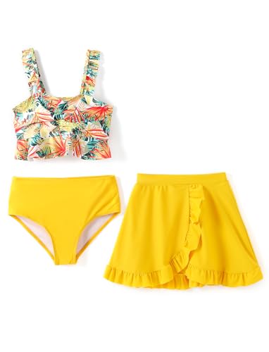 PATPAT Mädchen Bikini Badeanzüge Set, 3-teiliges Tankini-Set mit Top, Shorts Und Baderock Bademode, Kinder Badebekleidung mit Blumenmuster Schwimmanzug, Größe 5–12 Jahre von PATPAT