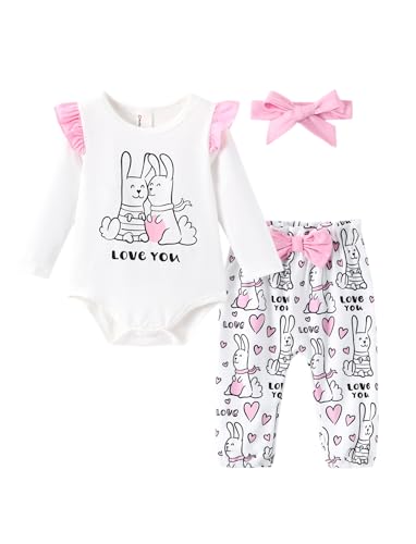 PATPAT Baby Kleidung Mädchen: Lange Tops + Hosen + Stirnband, 3Pcs Strampler Neugeborene Mädchen, Geschenk Bekleidungssets für Mädchen, Rosa 0-3 Monate 55-61 Cm von PATPAT