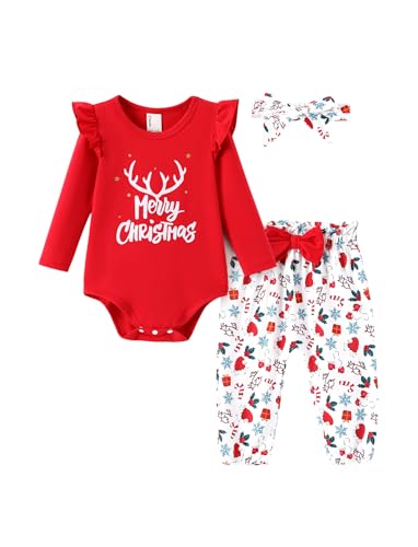 PATPAT Baby Kleidung Mädchen: Lange Tops + Hosen + Stirnband, 3Pcs Strampler Neugeborene Mädchen, Geschenk Bekleidungssets für Mädchen, Rot 0-3 Monate 55-61 Cm von PATPAT