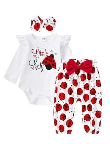PATPAT Baby Kleidung Set: Strampler Langarm + Hose Mit Marienkäfermuster + Stirnband, Weihnachtsoutfit Für Mädchen 0-24 Monate 55-89 cm von PATPAT