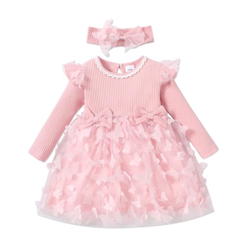 PATPAT Baby Mädchen Kleid Langarm Tutu Kleid Kleinkind Mädchen Tüllkleid Blumenmädchen Weihnachtsfeier Geburtstagsprinzessin Kleider Hellrosa 12-18 Monate von PATPAT